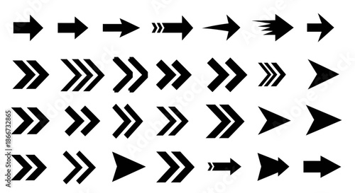 Set of various black arrow icons in different styles and directions on white background.