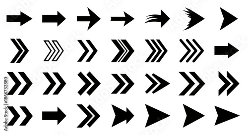 Set of various black arrow icons in different styles and directions on a white background.