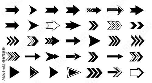 Collection of various black and white arrow icons in different styles and shapes.