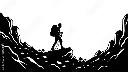 Black silhouette of a hiker with a backpack and trekking poles standing on rocks against a white background