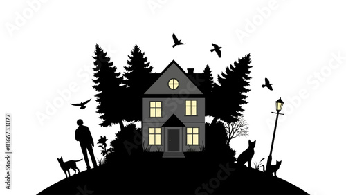 Black silhouette scene of a gray house trees a person animals and a lit lamp post