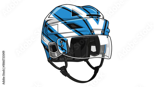 Blue and white striped hockey helmet with a clear visor