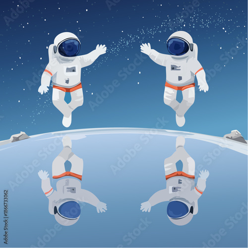 Astronauts explore a new world, reflected on the surface, reaching out to each other in space, a vector illustration with bold colors and graphic appeal