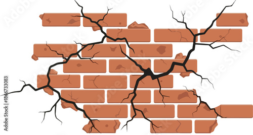 Cracked Brick Wall Illustration Grunge Texture, Architectural Detail, Damage and Decay Concept