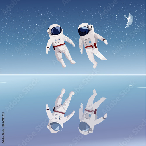 Two astronauts floating in space reflecting on the water, exploring the cosmos with adventure and wonder, a journey of discovery and cosmic dreams
