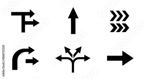 Set of six black directional arrow icons representing different directions and movement options.