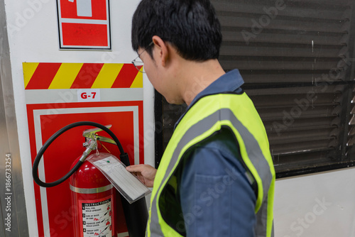 Slika na platnu Safety technician inspects fire extinguisher in industrial facility, checking inspection tag and readiness to ensure emergency response compliance and workplace fire safety
