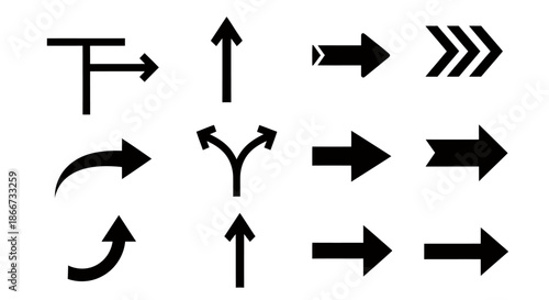 Set of various black arrow icons indicating different directions and movement.