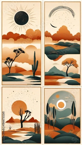 Four abstract desert landscapes with stylized trees and sunsets