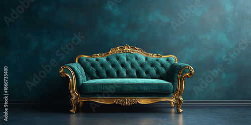 Green Velvet Sofa on a dark green background. Green Gold Couch in royal style in the dark room	
