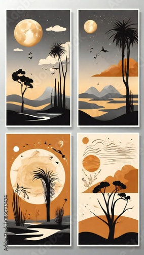 Four stylized african landscapes with silhouetted trees and sunsets