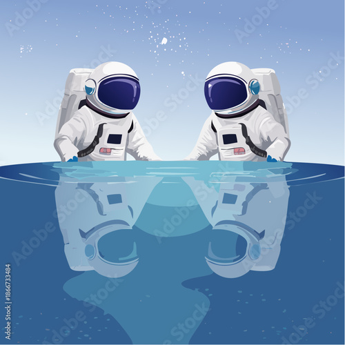 Two Astronauts in Space Suits Reflecting in Water, Offering a Surreal and Thought-Provoking Scene, Suggesting Space Exploration and the Unknown Depths