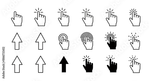 Set of various cursor and pointer icons including arrows and clicking hand symbols.