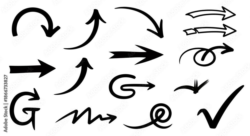 Obraz premium Hand drawn black arrows and check mark in various directions and styles on white background.