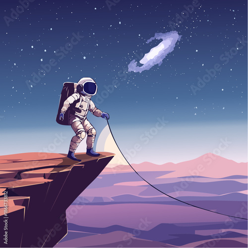 Astronaut pioneers explore distant exoplanet landscapes, boldly venturing into the unknown depths of space for discovery and adventure, a cosmic odyssey