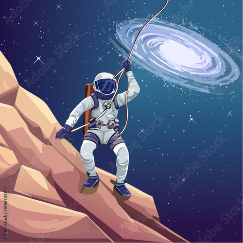 Brave astronaut scales a rocky alien planet towards a swirling galaxy, embodying exploration, adventure and futuristic vision with vector precision