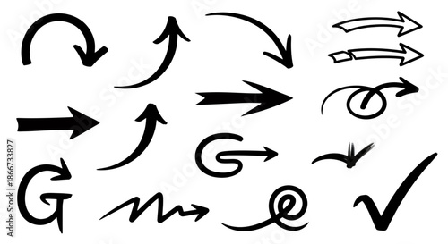 Hand drawn black arrows and check mark in various directions and styles on white background.