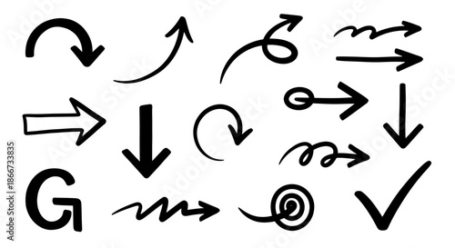 Collection of various hand drawn black arrows and check mark doodles on white background.
