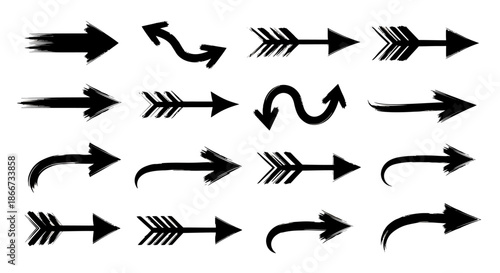 Set of various hand drawn black arrows with different shapes and directions on white background.