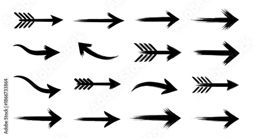 Set of hand drawn black arrows with various shapes and brush styles on a white background.