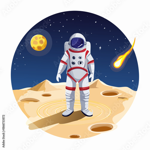 Astronaut explores the moonscape as shooting star streaks across the night sky in this modern, dynamic illustration of space travel and cosmic discovery