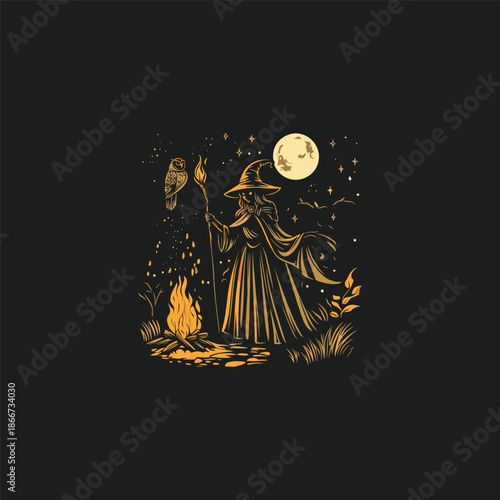 Vintage hand-drawn engraving of a mysterious witch standing by a campfire at night with an owl perched on her staff under a full moon.