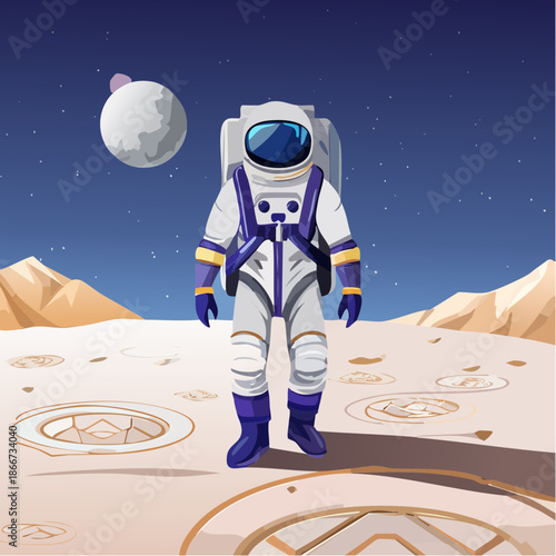 Brave astronaut explores the lunar surface, a giant leap for mankind, inspiring space exploration and cosmic dreams, perfect for STEM education materials