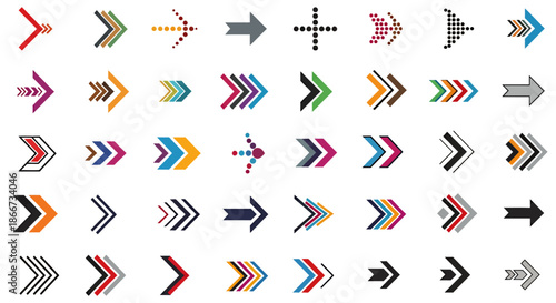 Collection of colorful and diverse arrow icons in various styles and directions on a white background.