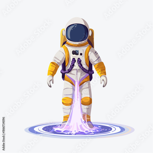 Astronaut levitating with futuristic propulsion, space exploration concept art, ready for liftoff, outer space adventure, cosmic illustration, science fiction