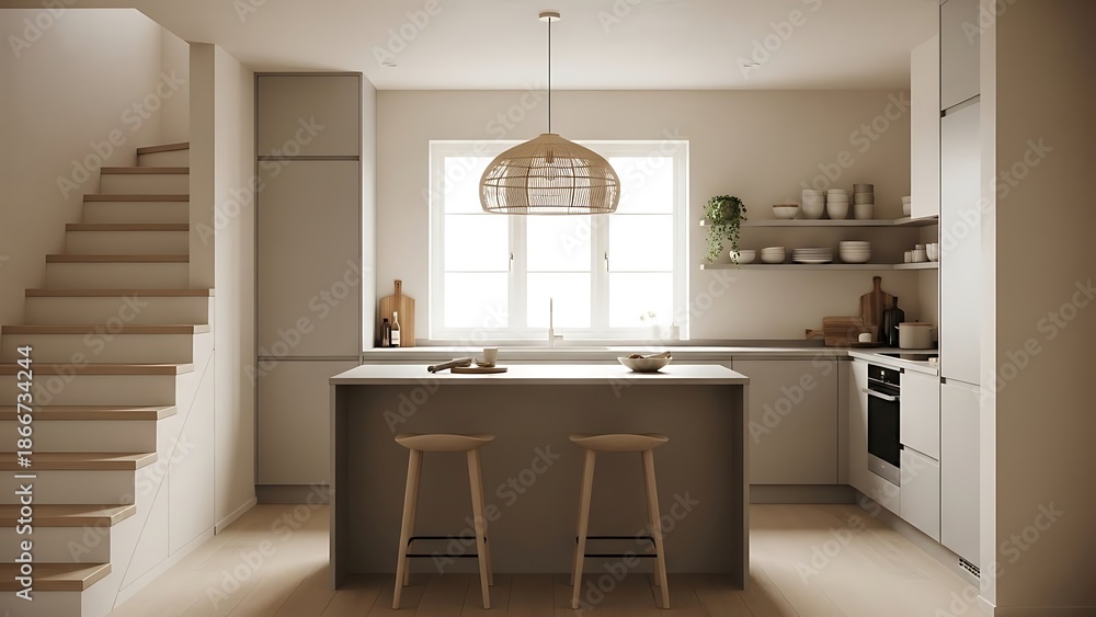 Fototapeta premium Aesthetic neutral kitchen ambiance with staircase and woven pendant light