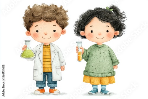 Smiling Boy and Girl in Lab Coats Holding Science Experiment Glassware
