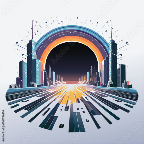 Dynamic city skyline artwork with futuristic tunnel and perspective, ideal for modern tech startup branding and innovative urban development projects