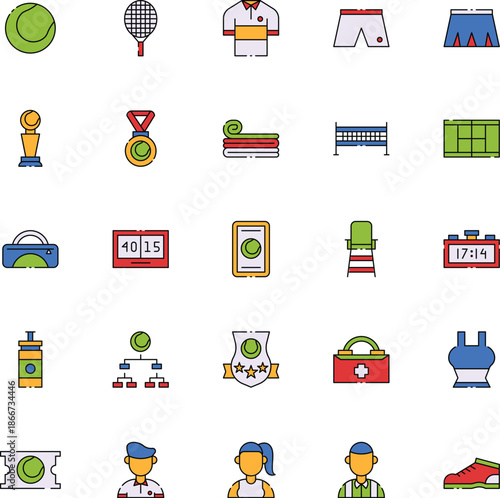 Tennis vector icons collection featuring sports equipment and accessories