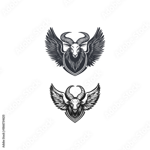 Vintage hand-drawn engraving of a majestic ram's head with large curved horns and eagle wings, set within a circular crest.