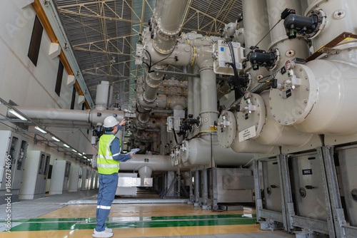 Photos Electrical engineer inspecting gas insulated switchgear inside a high voltage su