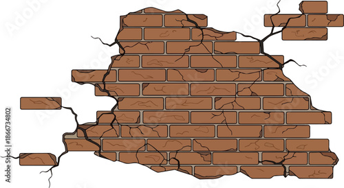 Cracked brick wall illustration A detailed view of a damaged brickwork texture, showing wear and tear