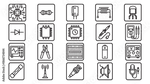 A collection of various electronic and technical icons on a white background