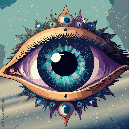 Mystical eye with surreal details and magical sparkle, a captivating symbol of vision, insight, and enlightenment, inviting exploration of inner worlds