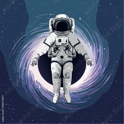 Astronaut floating serenely near a mesmerizing cosmic black hole, a vector art dreamscape for imaginative projects and space exploration themes