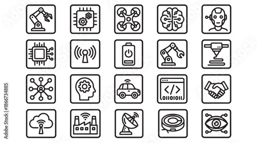A collection of black and white icons representing various technological and innovative concepts.