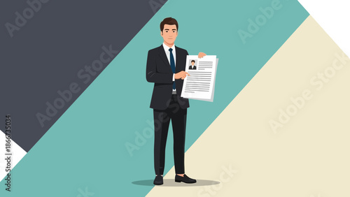 Man in Suit Holding Resume with Photo - Job Application Concept