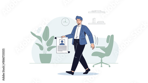 Man In Suit Holding Resume Walking Towards Job Interview in Office