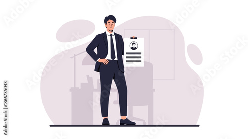 Man in Suit Holding Resume with Photo, Business Professional Concept Illustration