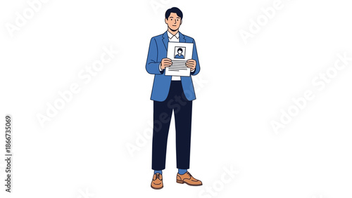 Man in Suit Holding Resume with Photo - Professional Presentation