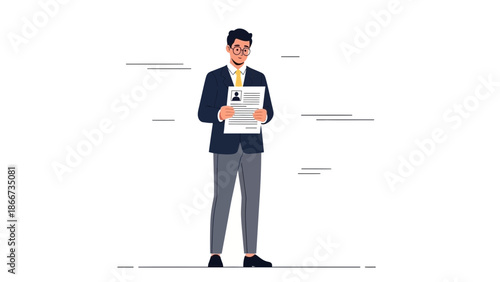 Man in Suit Holding Resume, Job Application, Career Choice, Professional Illustration