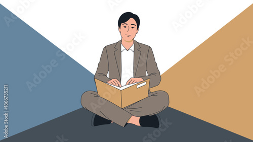 Man in Suit Sitting Cross-legged Reading Book with Geometric Background
