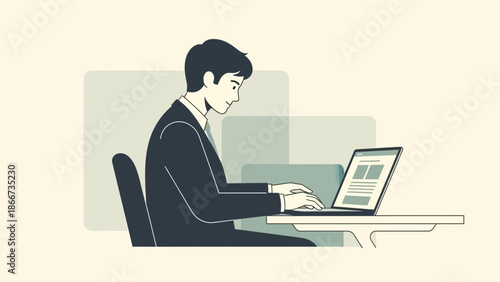 Man in Suit Typing on Laptop Computer at Desk