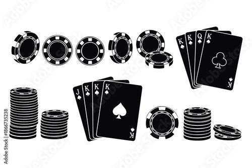 black and white illustration of poker chips and playing cards on white background