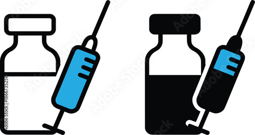 Flat vector illustration of a professional medical doctor wearing blue scrubs and a face mask while preparing a vaccine syringe on an orange background.