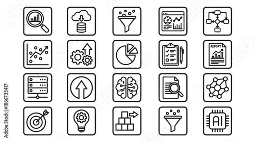 A collection of black and white business icons on a white background, representing various concepts and ideas.